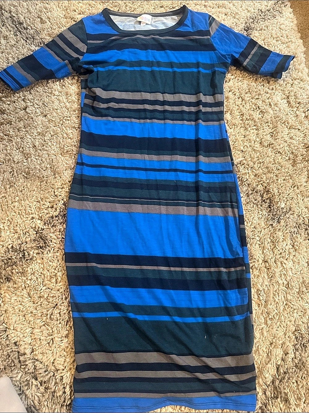 NWOT LuLaRoe Julia Dress Blue Gray Striped Bodycon Knit Midi XS - Picture 2 of 2